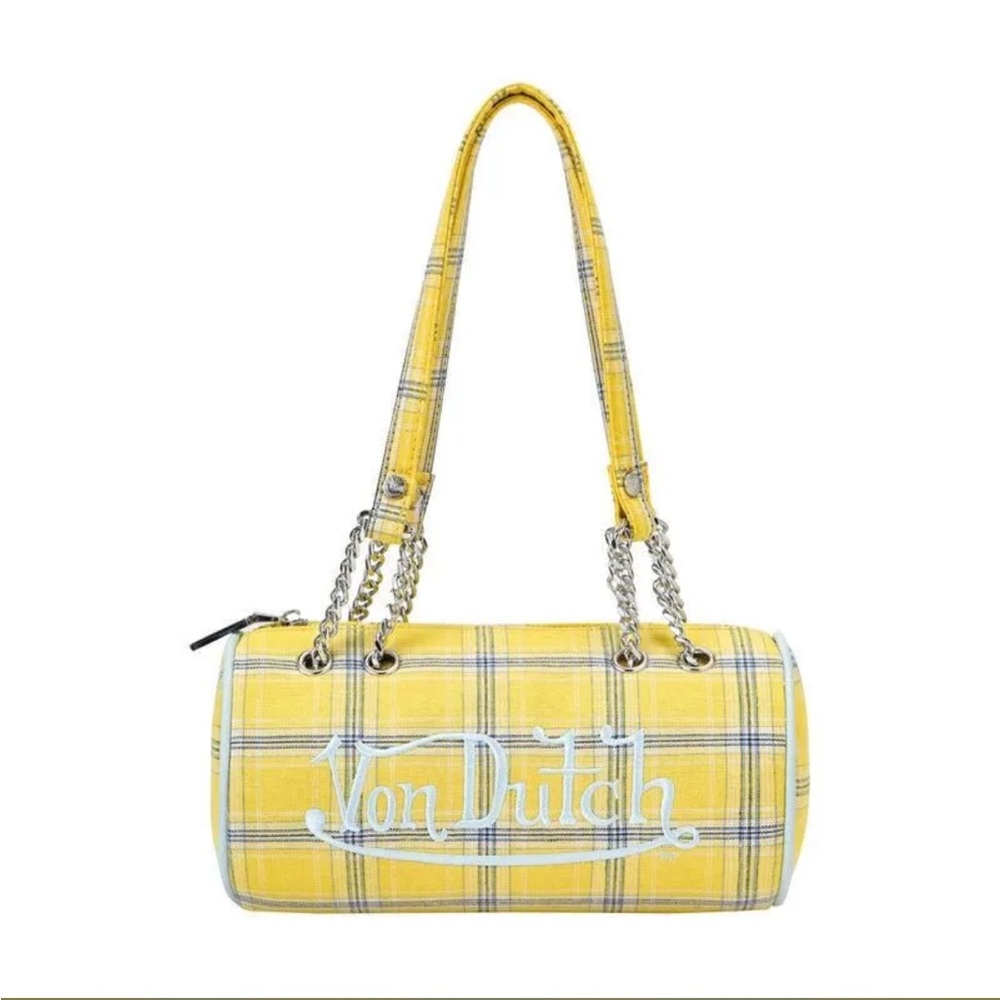 Von Dutch Yellow Plaid Barrel Shoulder Bag with Silver Chain Straps